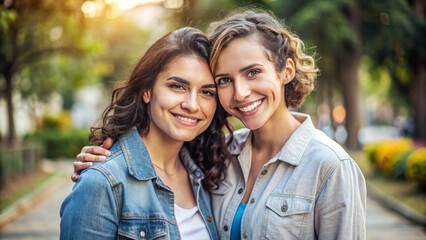 Fototapeta premium Happy young lesbian lgbtq couple in love cuddling and smiling together on nature. Two stylish diverse pretty women hugging and bonding. LGBT relationship lifestyle concept