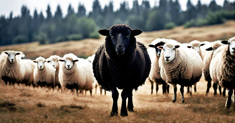 Black colour domestic sheep stand out between flocks of white sheep, concepts of individuality,...