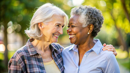 Happy adult lesbian lgbtq couple in love cuddling and smiling together on nature. Two stylish diverse pretty women hugging and bonding. multi race LGBT relationship lifestyle concept