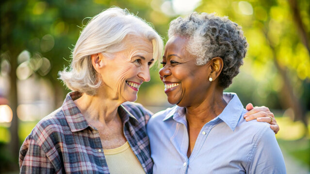Happy adult lesbian lgbtq couple in love cuddling and smiling together on nature. Two stylish diverse pretty women hugging and bonding. multi race LGBT relationship lifestyle concept