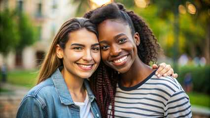 Naklejka premium Happy young lesbian lgbtq couple in love cuddling and smiling together on nature. Two stylish diverse pretty women hugging and bonding. LGBT relationship lifestyle concept
