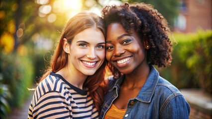 Fototapeta premium Happy young lesbian lgbtq couple in love cuddling and smiling together on nature. Two stylish diverse pretty women hugging and bonding. LGBT relationship lifestyle concept