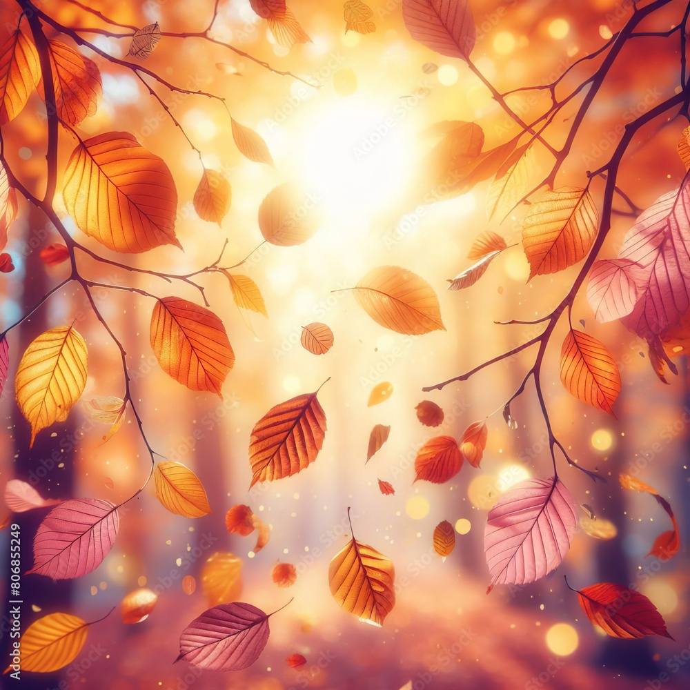 Poster autumn background with colorful leaves falling from trees