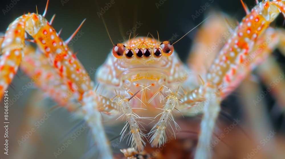 Wall mural Macro, sense of wonder and curiosity, with bright colors and intricate details of crab's face, purple yellow brown gray silver