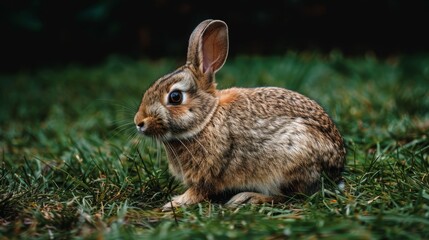   A brown-and-white rabbit sits atop a verdant, emerald field, gazing quizzically at the camera