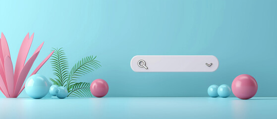 Minimal blank search bar blue background, playful and childlike, colors and simple shapes, large search box in center of scene is playful nod to idea of searching for information and discovery