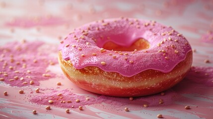 pink icing donut on pink table with sprinkles, calorie temptation decadence guilty pleasure treat - obrazy, fototapety, plakaty