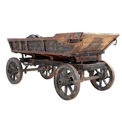 An antique mining cart used for extracting coal, copper, and ore is shown isolated on a white background. 