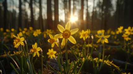 Obraz premium A field of yellow daffodils with the sun shining behind the trees