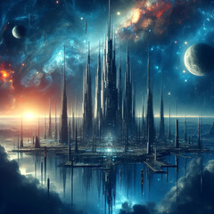 Abstract space landscape with spire of tall buildings on the water in the sky against the background of the space sky with planets