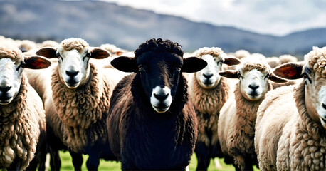 One unique black sheep between group of white sheep, concept of individuality, uniqueness and...