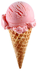 Strawberry Ice Cream on Waffle Cone Transparent Background 
