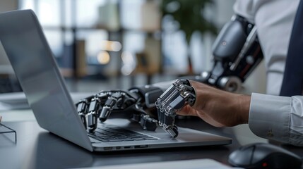 Young person with prosthetic arms typing on laptop, working at modern workplace at office. Generative ai