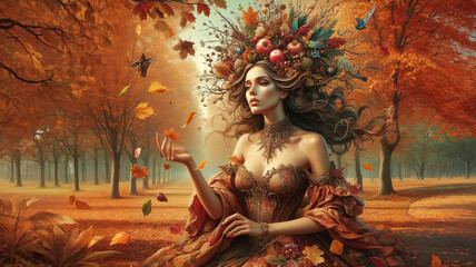 Autumn in the form of a woman with fruits on the background of a picturesque autumn landscape