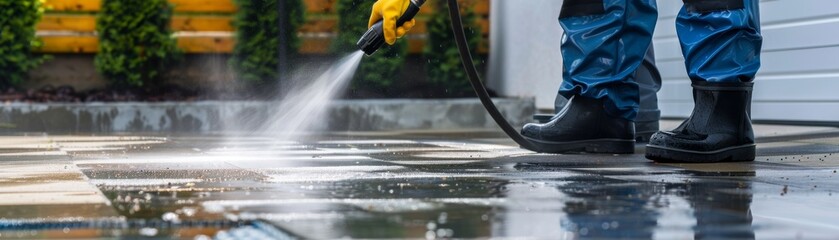 Workers using pressure washer to deep clean 