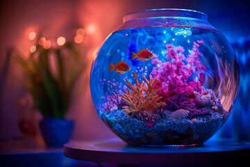 An underwater-themed scene with a glass bowl filled with water. Place LED fairy lights underwater to mimic the glow of bioluminescent creatures, with seashells and corals