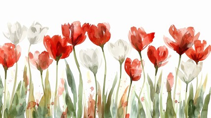 Obraz premium Watercolor art of red and white tulip flowers