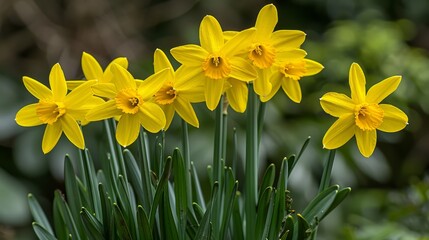 Obraz premium A foreground of yellow daffodils with green leaves, background softly blurred
