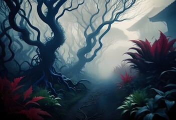 Bountiful, visionary vegetation surrounding a central Earth, the planet interconnected with innovative, sophisticated technologies and tools