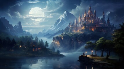 A fantastic castle on a high rock surrounded by water against the background of mountains on a moonlit night