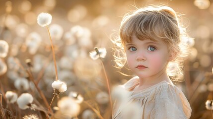 Fototapeta premium A little girl stands in a field of dandelions, gazing seriously at the camera