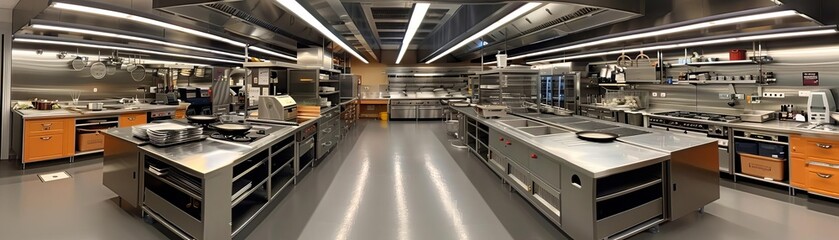 A wideangle view of a modern commercial kitchen, with stainless steel countertops and highend...