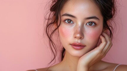 portrait of young beautiful woman of Asian appearance with pink blush on face on pink background