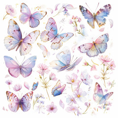 Colorful Butterfly Wings and Flower Petals on White Background, Vibrant Watercolor Illustration