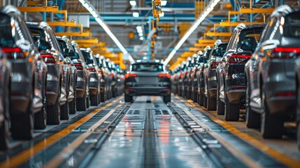 A wideangle view of a mass production assembly line in a modern car manufacturing plant, with rows of vehicles at various stages of assembly, showcasing industrial efficiency