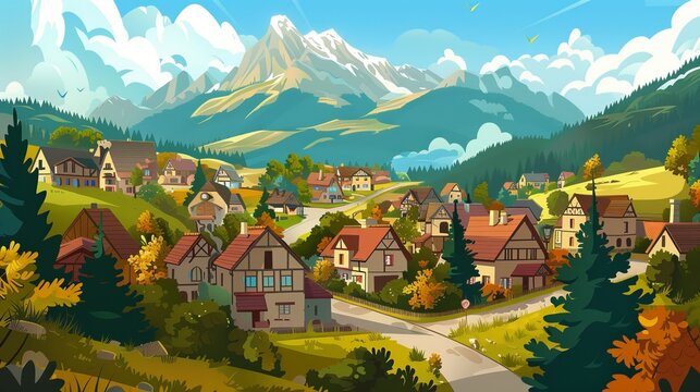 A vast suburban landscape featuring a large village with mountain views and countryside surroundings, illustrated in a cartoon vector style