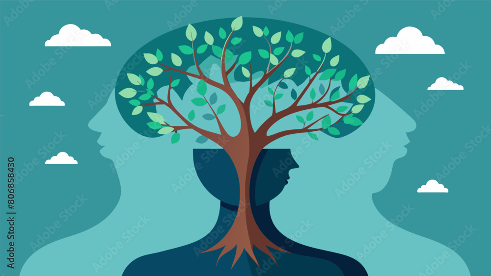 Poster a tree growing out of a persons head with roots deep within their brain representing the idea of tho