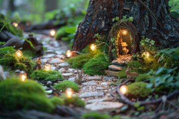 Obraz premium A miniature forest path using twigs, moss, and miniature trees. Line the path with fairy lights to create a magical, enchanted forest scene.