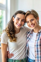 Happy young lesbian lgbtq couple in love cuddling and smiling together at home. Two stylish diverse pretty women hugging and bonding. LGBT relationship lifestyle concept