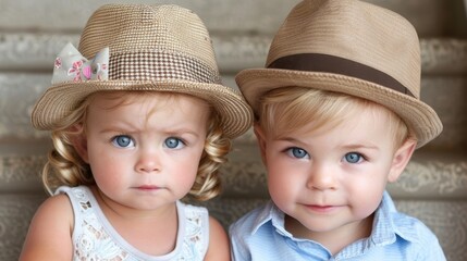   Two small children, each wearing hats, sit next to one another on building steps, gazing at the camera