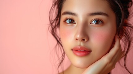 portrait of young beautiful woman of Asian appearance with light makeup on the face, pink blush and lips on pink background