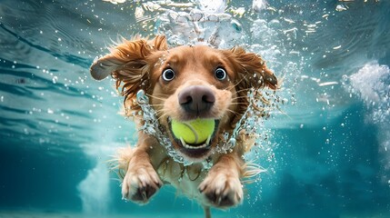Delighted Dog Catching Tennis Ball Underwater in Sunny Blue Water