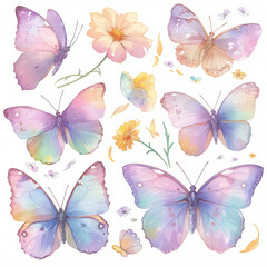 Colorful Butterfly Wings and Flower Petals on White Background, Vibrant Watercolor Illustration