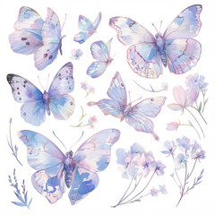 Colorful Butterfly Wings and Flower Petals on White Background, Vibrant Watercolor Illustration