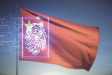 Multi exposure of virtual creative fingerprint hologram on Chinese flag and blue sky background, personal biometric data concept