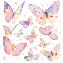 Colorful Butterfly Wings and Flower Petals on White Background, Vibrant Watercolor Illustration