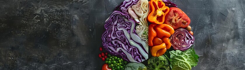 Obraz premium A top view of a crafted vegetable brain, with each hemisphere made from different colored veggies like purple cabbage and green peas, symbolizing cognitive wellness
