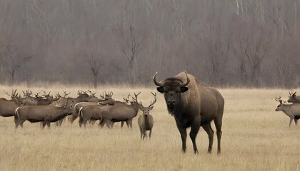 a-buffalo-with-a-herd-of-deer-in-the-background- 3