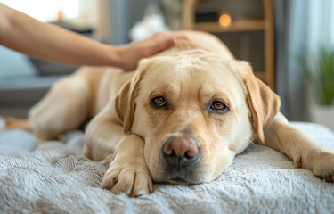 A Labrador Retriever laying comfortably on a soft bed, receiving a gentle touch from its owner, conveying warmth and companionship.