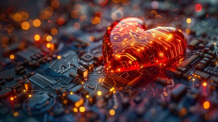 A striking 3D illustration of a heartshaped central processing unit, intricately designed with circuits and glowing data paths, symbolizing the CPU of love