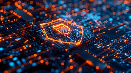 Cybersecurity Shield Defending Digital Network from Virtual Threats in Futuristic Sci-Fi Tone