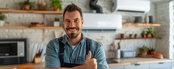A smiling male electrician beside a newly installed air conditioner, giving a thumbs up to indicate a job well done, set in a bright, modern home interior - Powered by Adobe