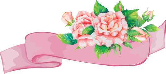 Rose with pink blank banner on transparent background.
