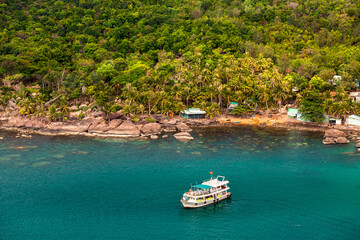 Landscape from Asia. Vietnam, Phu Quoc Island. View of the lagoon with boats from the longest cable...