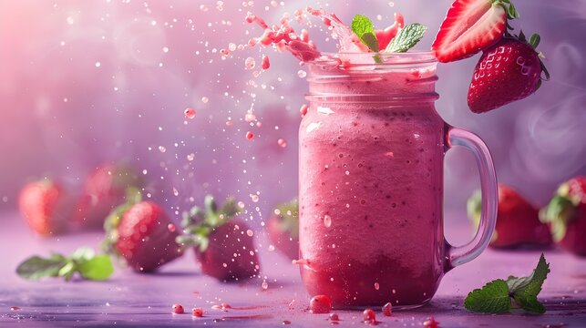 Energetic Fruit Smoothie Splash in Stylized Mason Jar with Strawberry and Mint Leaves on Dramatic Lavender Background