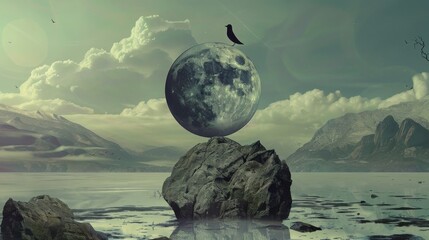 ying and yang surreal composition, moon, landscape, 16:9